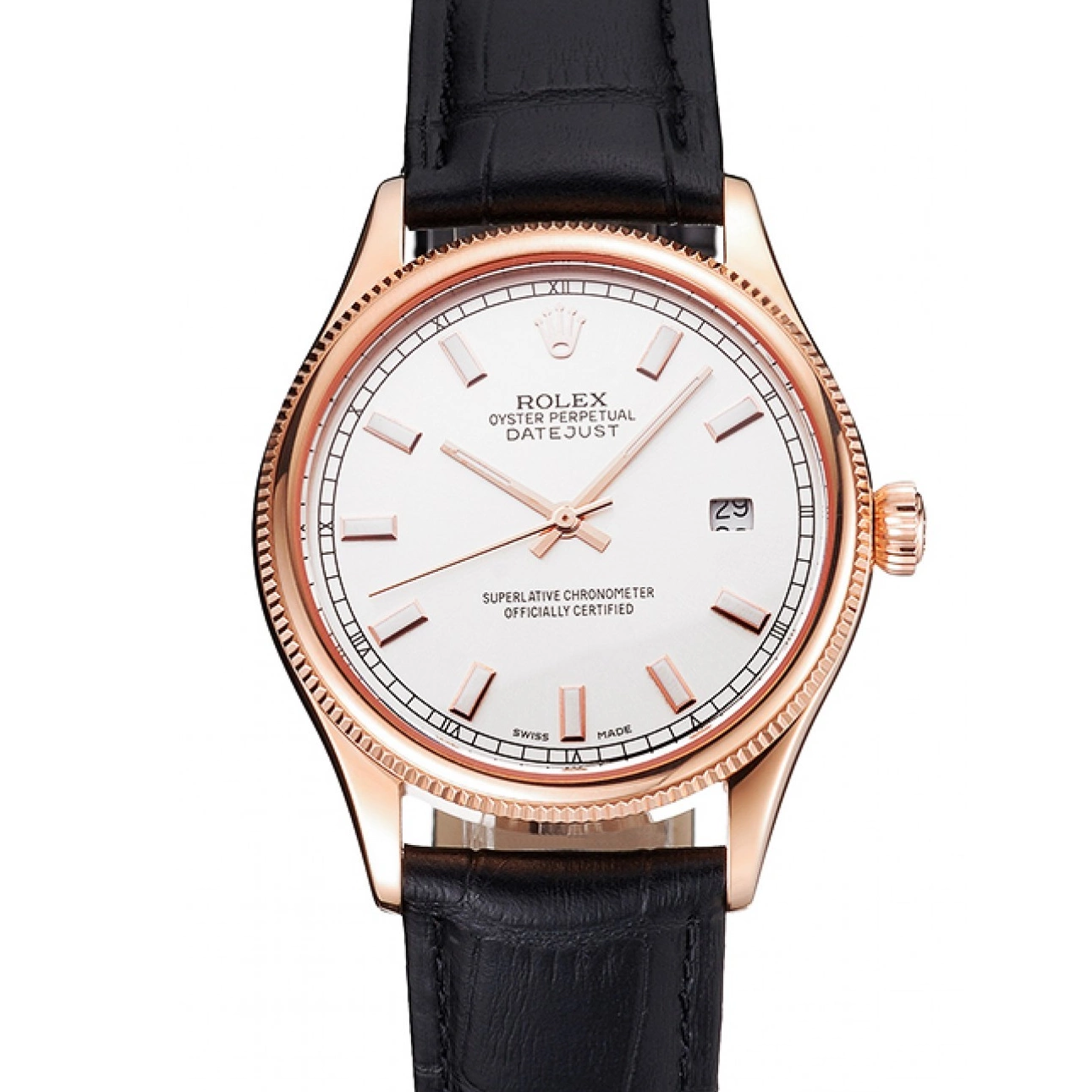 Best AAA Replica Sites White Rose Rolex Dial Leather Case Black Strap Datejust Gold Swiss 0520